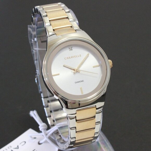 Caravelle Ladies Modern Design Watch By Bulova Diamond At 12 Silver - Gold Tone - Picture 2 of 12